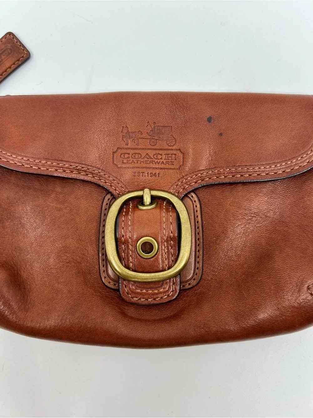 Vintage Coach Bleecker Whiskey Leather Wristlet Clutch Tattersall Lined
